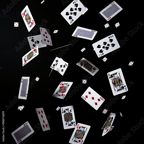 Scattered Cards in Motion, Captured at Angles Against a Black Backdrop
