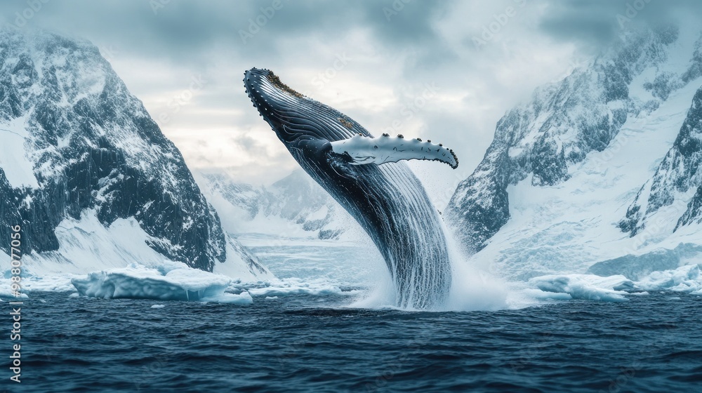Fototapeta premium A majestic whale breaching the icy waters surrounded by snow-capped mountains.