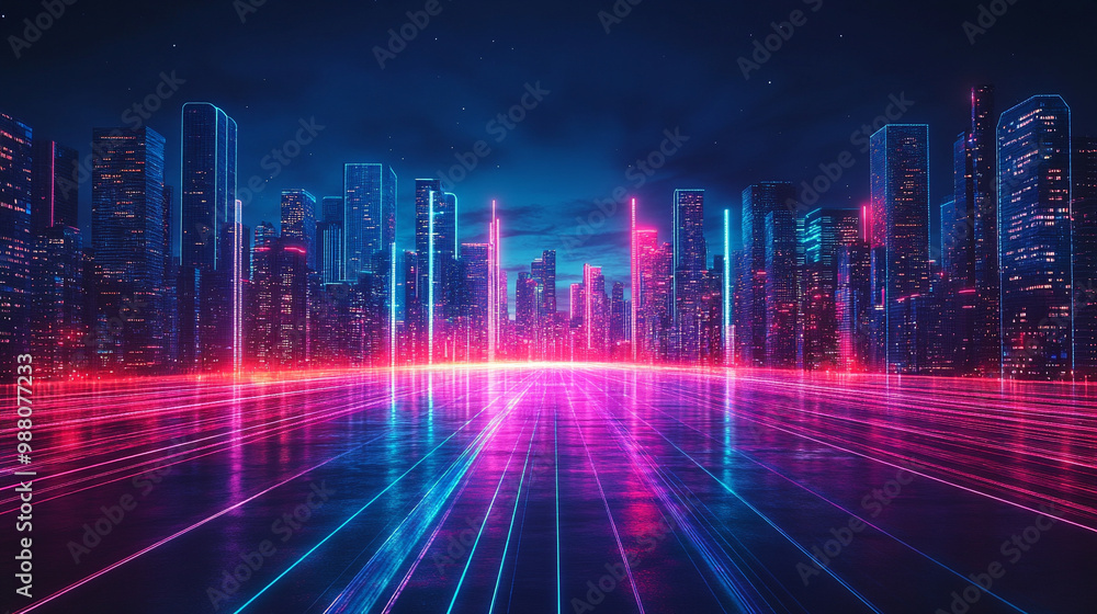 futuristic urban cityscape featuring sleek modern architecture illuminated by vibrant neon lights. The spacious design evokes a sense of innovation, progress, and limitless possibilities in the city e futuristic urban cityscape featuring sleek modern architecture illuminated by vibrant neon lights. The spacious design evokes a sense of innovation, progress, and limitless possibilities in the city e
