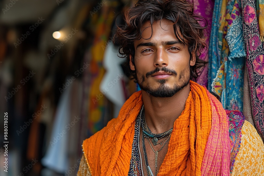 Stylish Indian Male Model Posing in Vibrant Attire Against a Colorful Background for Fashion Shoot Stylish Indian Male Model Posing in Vibrant Attire Against a Colorful Background for Fashion Shoot