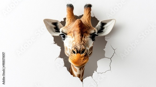 Fototapeta Naklejka Na Ścianę i Meble -  A realistic giraffe's face breaking through a wall, creating a playful 3D effect.