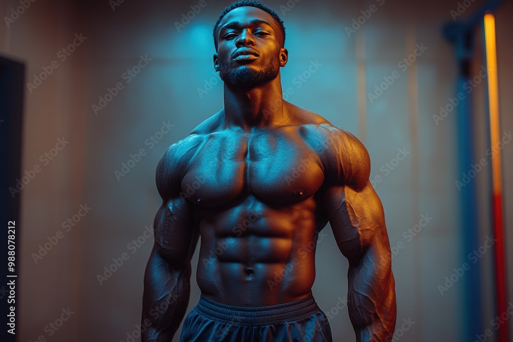 Vibrant and Vivid Muscular Man Posing Confidently in a Dynamic Fitness Environment for Stock Photos Vibrant and Vivid Muscular Man Posing Confidently in a Dynamic Fitness Environment for Stock Photos