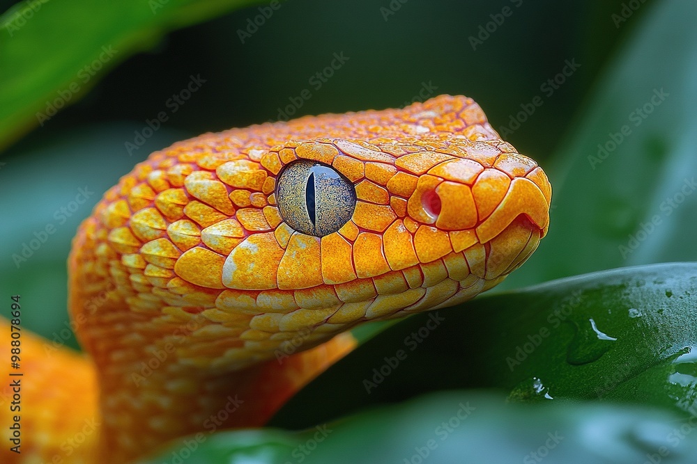 Fototapeta premium Vibrant Orange Snake Slithering Through Lush Greenery in a Tropical Jungle Setting