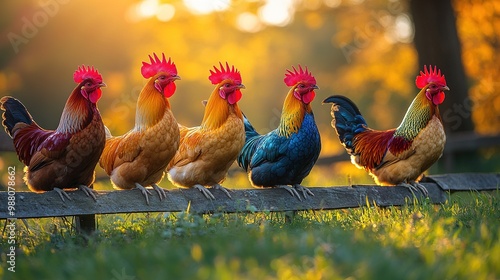 Vibrant Kikiriki Chickens Displaying Their Colors Under the Sun in a Lively Farmyard Setting photo