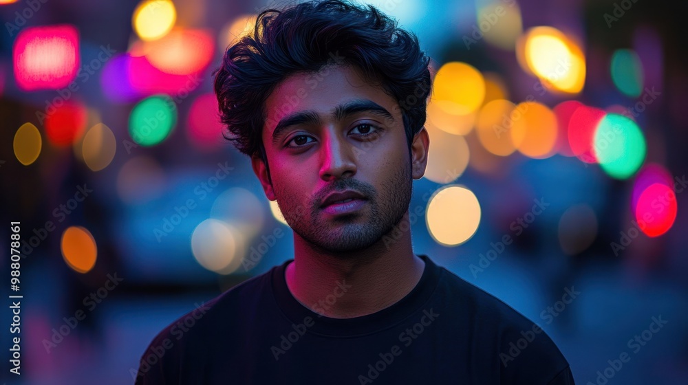 A portrait of a young man against a vibrant, colorful urban background. A portrait of a young man against a vibrant, colorful urban background.