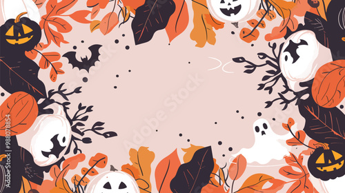 Flat lay Vector Illustration hand drawn flat halloween frame template, Happy Halloween