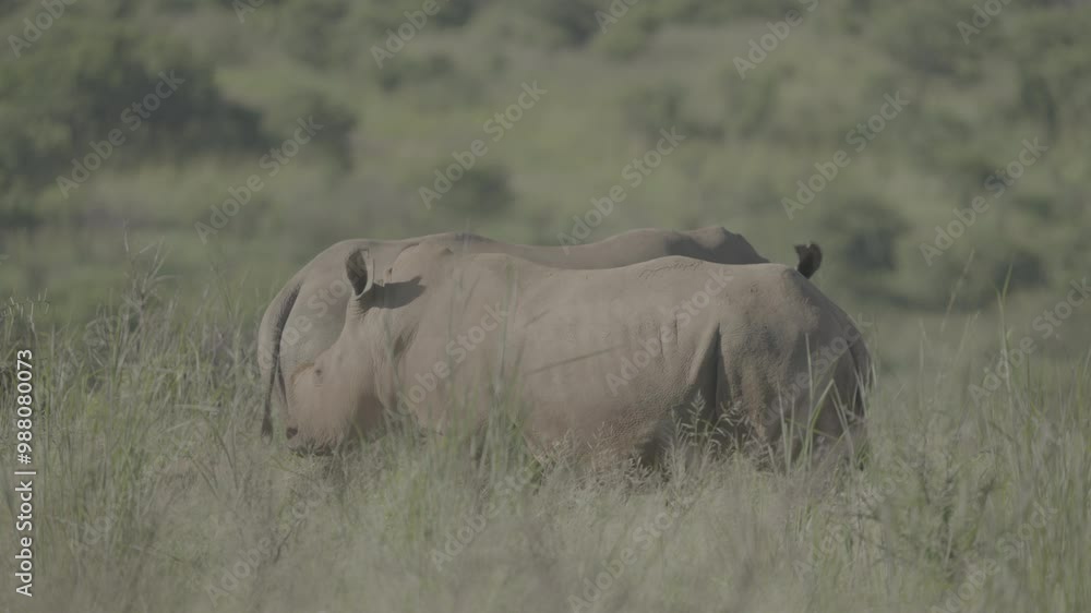 A majestic Rhinoceros in a group of rhinocerose, grazes peacefully in the grasslands of the South African savannah. A majestic Rhinoceros in a group of rhinocerose, grazes peacefully in the grasslands of the South African savannah.