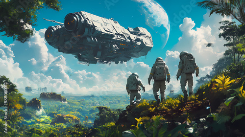 Astronauts on an alien planet with lush vegetation and a large spacecraft looming in the background under a foreign sky. Terraforming Planet. Illustration