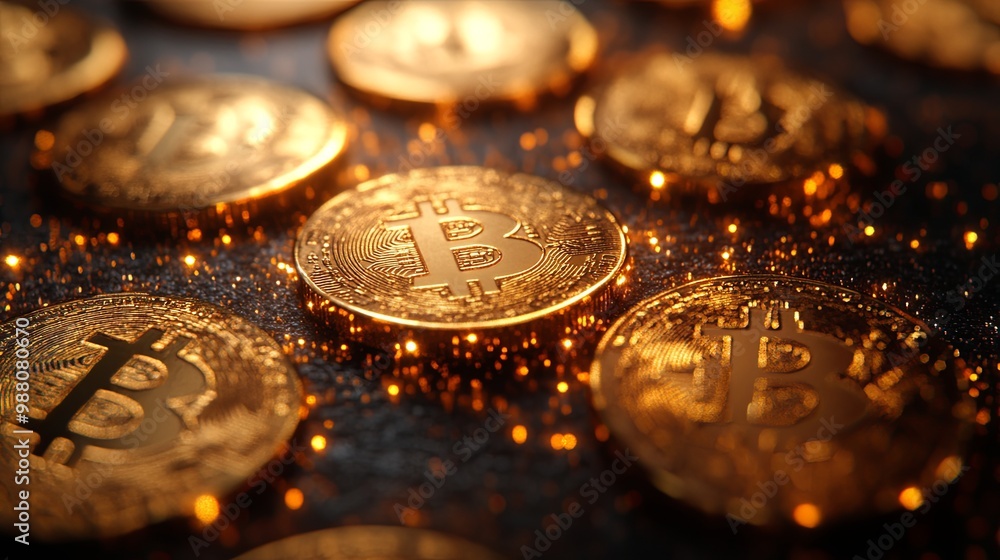 Golden Bitcoin Coins with Sparkling Background Golden Bitcoin Coins with Sparkling Background