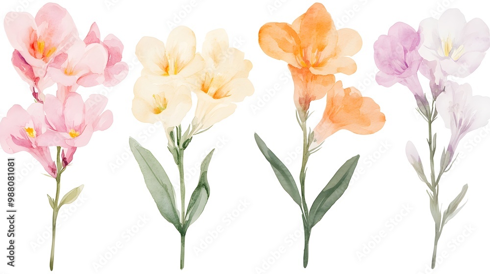 Watercolor freesia clipart with fragrant blooms in various colors, Generative AI Watercolor freesia clipart with fragrant blooms in various colors, Generative AI