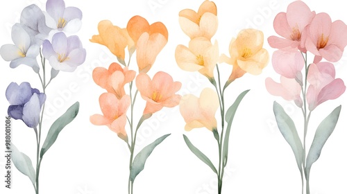 Watercolor freesia clipart with fragrant blooms in various colors, Generative AI