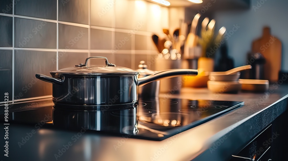 Stainless Steel Pot on a Modern Kitchen Stovetop Stainless Steel Pot on a Modern Kitchen Stovetop