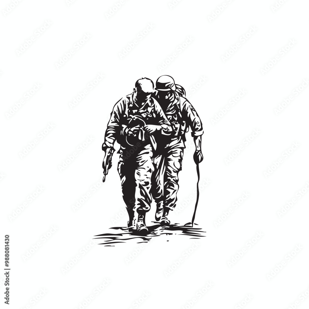 Fototapeta premium silhouette of a two soldier walking together