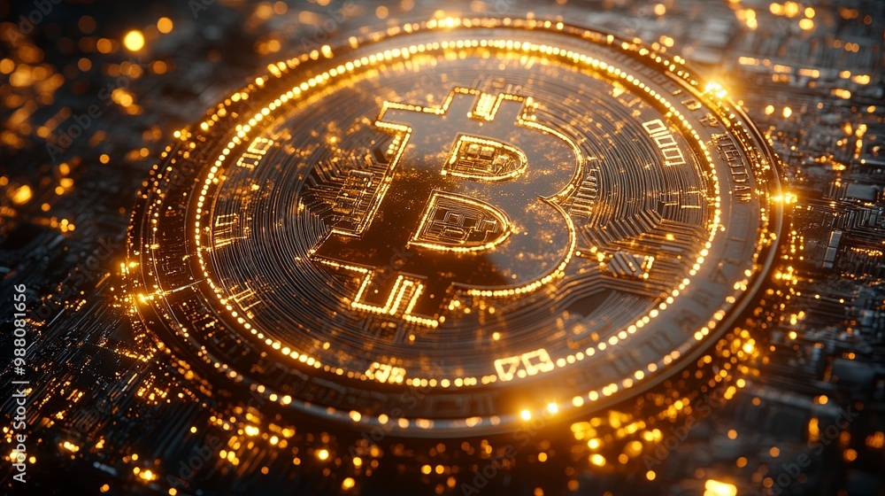 Glowing Bitcoin Symbol on Digital Background Glowing Bitcoin Symbol on Digital Background