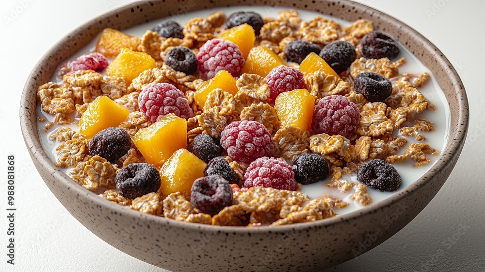 Colorful Bowl of Cereal with Fresh Fruits and Milk Colorful Bowl of Cereal with Fresh Fruits and Milk
