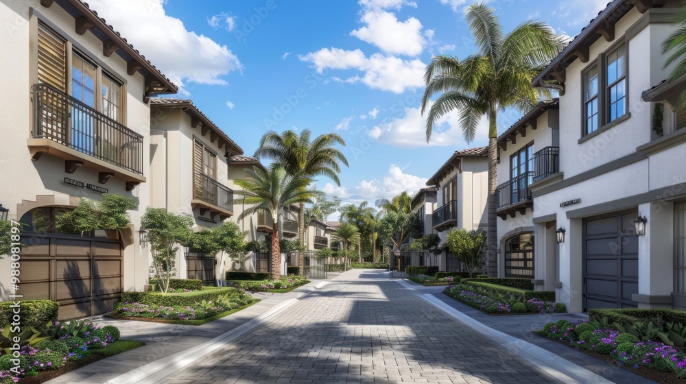 Luxury Homes with Palm Trees and Cobblestone Street Luxury Homes with Palm Trees and Cobblestone Street