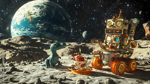 Wallpaper Mural A whimsical scene of a robot and a dinosaur having a tea party on the moon, with a backdrop of the earth rising over the horizon. Robot Uprising. Illustration Torontodigital.ca