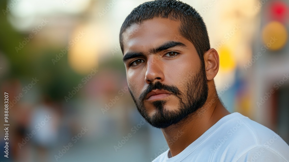 A close-up portrait of a young man with a serious expression against a blurred background. A close-up portrait of a young man with a serious expression against a blurred background.