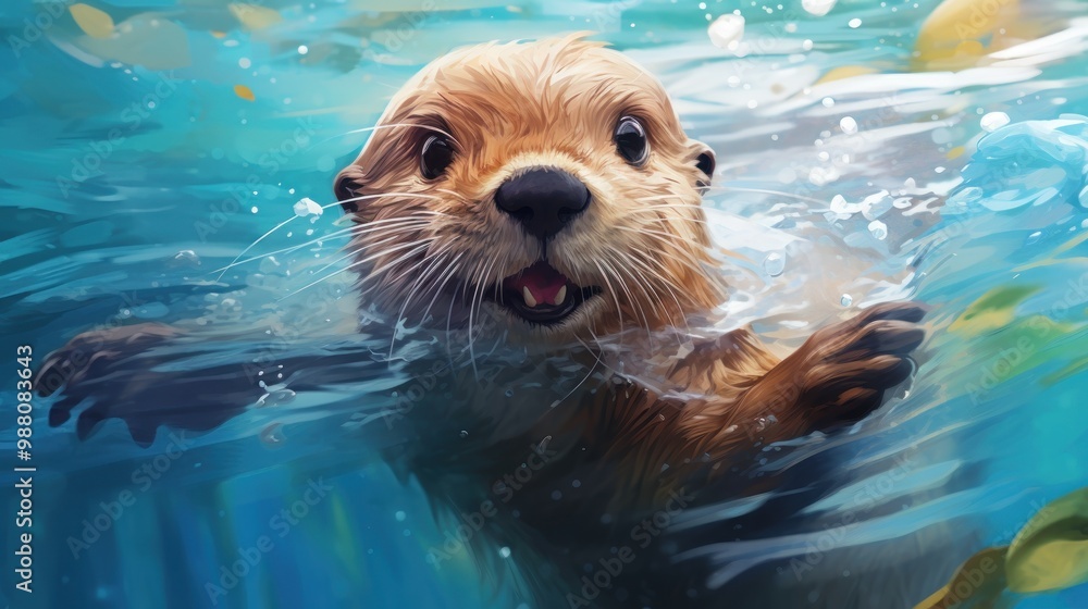 Fototapeta premium Otter Swimming in a Clear Blue Water