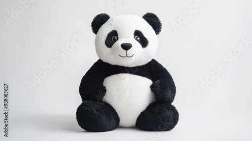 A plush panda toy sitting against a plain background, designed for comfort and companionship.