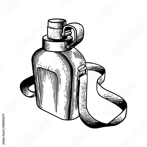 hand drawn black and white illustration of a camping drink bottle
