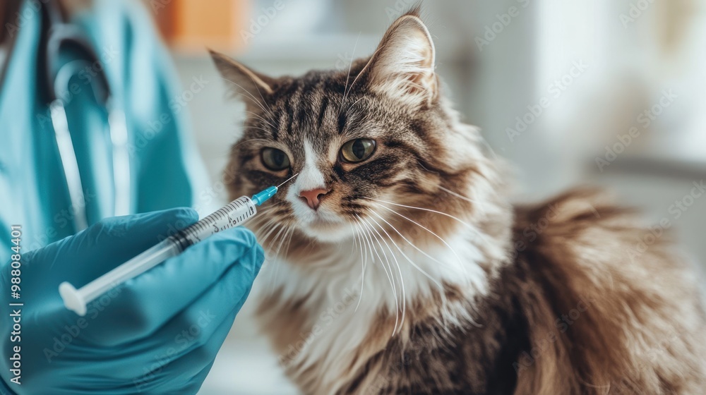A veterinarian administers a vaccine to a cat in a clinical setting. A veterinarian administers a vaccine to a cat in a clinical setting.