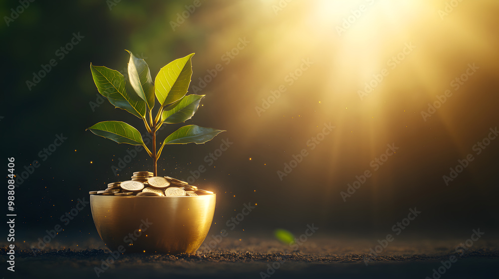 A green plant emerges from a pot filled with coins, symbolizing growth and prosperity in a serene, sunlit environment. A green plant emerges from a pot filled with coins, symbolizing growth and prosperity in a serene, sunlit environment.