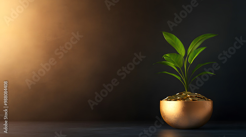 A fresh green plant growing in a golden pot, symbolizing growth and prosperity against a dark, moody background.