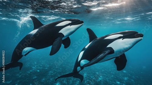 Two orcas swimming gracefully underwater in a vibrant ocean setting.