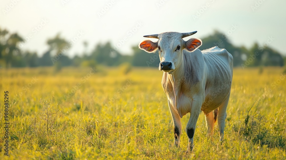 A young cow stands in a sunny field surrounded by greenery. A young cow stands in a sunny field surrounded by greenery.