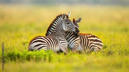 Two zebras resting together in a grassy field, showcasing their distinctive stripes.