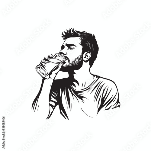 man drinking a glass of water vector drawing