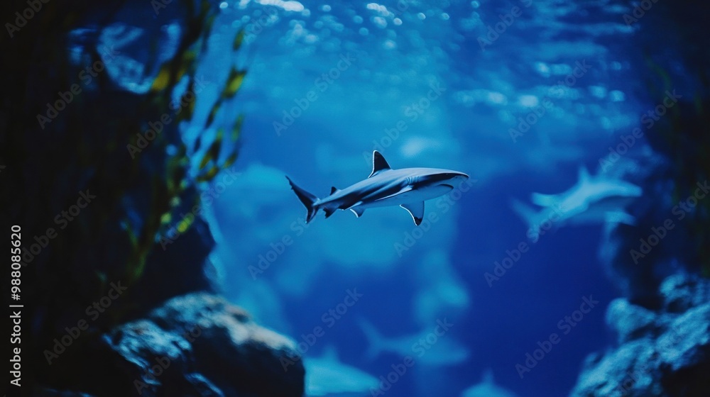 Fototapeta premium A serene underwater scene featuring a shark swimming among aquatic plants and other fish.
