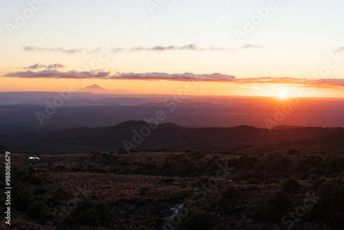 View of Mount Taranaki from Mount Ruapehu at sunset