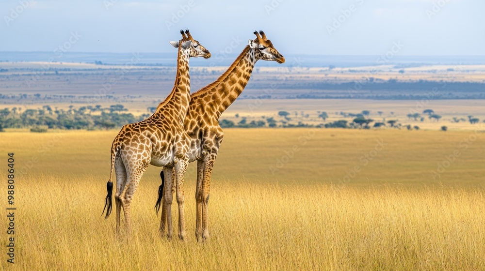 Fototapeta premium Two giraffes standing gracefully in a golden grassland under a blue sky.