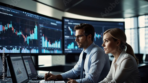 Business Professionals Analyzing Financial Data on Monitors