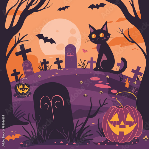 Flat lay Vector Illustration happy halloween cat background in the cemetery, Happy Halloween