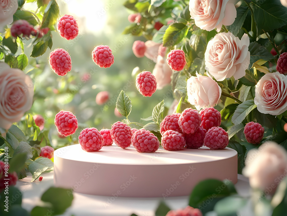 Fresh raspberries surrounded by blooming roses in a serene garden setting. Fresh raspberries surrounded by blooming roses in a serene garden setting.