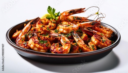 Spanish Food, Gambas a la Plancha on white background isolated.