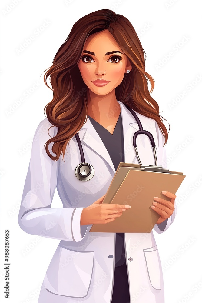 Isolated vector of a beautiful doctor holding a file, clean and crisp design.