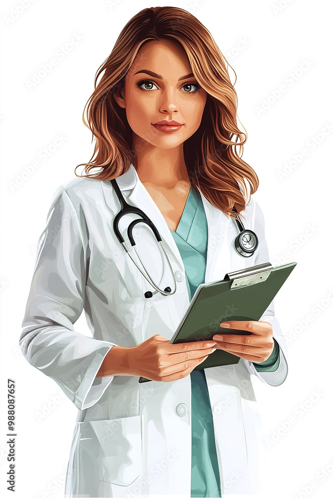 Vector portrait of a beautiful doctor holding a file, isolated background. Vector portrait of a beautiful doctor holding a file, isolated background.
