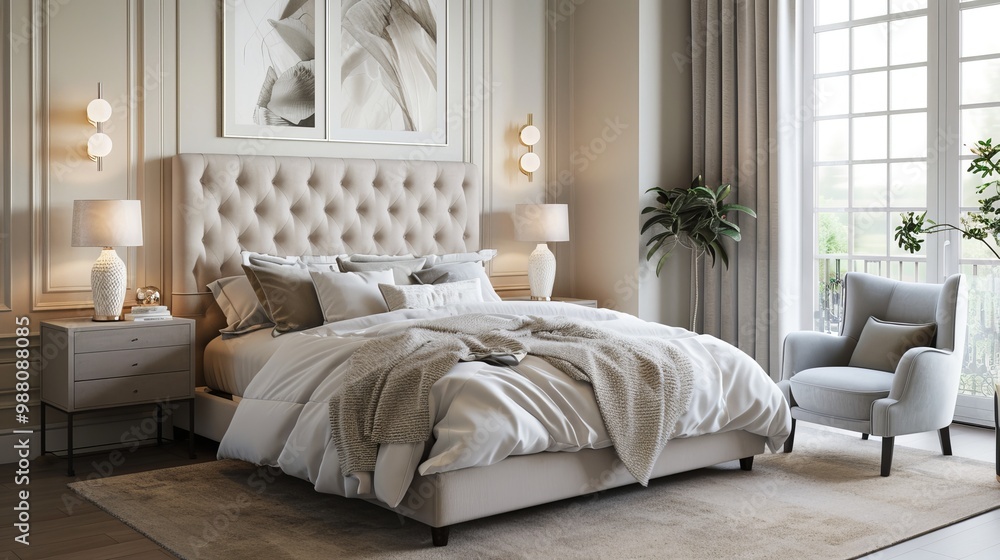 A luxurious bedroom, adorned with a tufted upholstered bed frame and a neutral color palette, exudes an air of sophistication and tranquility A luxurious bedroom, adorned with a tufted upholstered bed frame and a neutral color palette, exudes an air of sophistication and tranquility