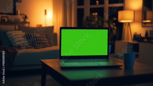 Laptop with Green Screen in Cozy Living Room