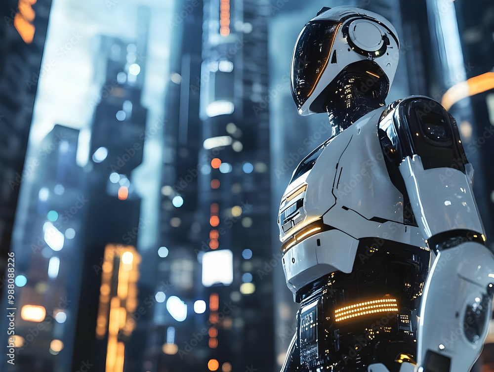 Futuristic robot in a cybernetic cityscape with illuminated skyscrapers. Futuristic robot in a cybernetic cityscape with illuminated skyscrapers.