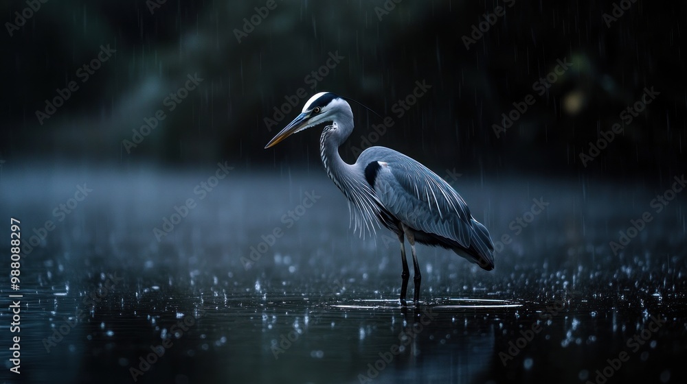 Fototapeta premium A heron stands in the rain, surrounded by rippling water and a moody, atmospheric backdrop.