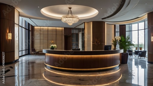 Stylish hotel interior lobby and reception desk, panoramic window.