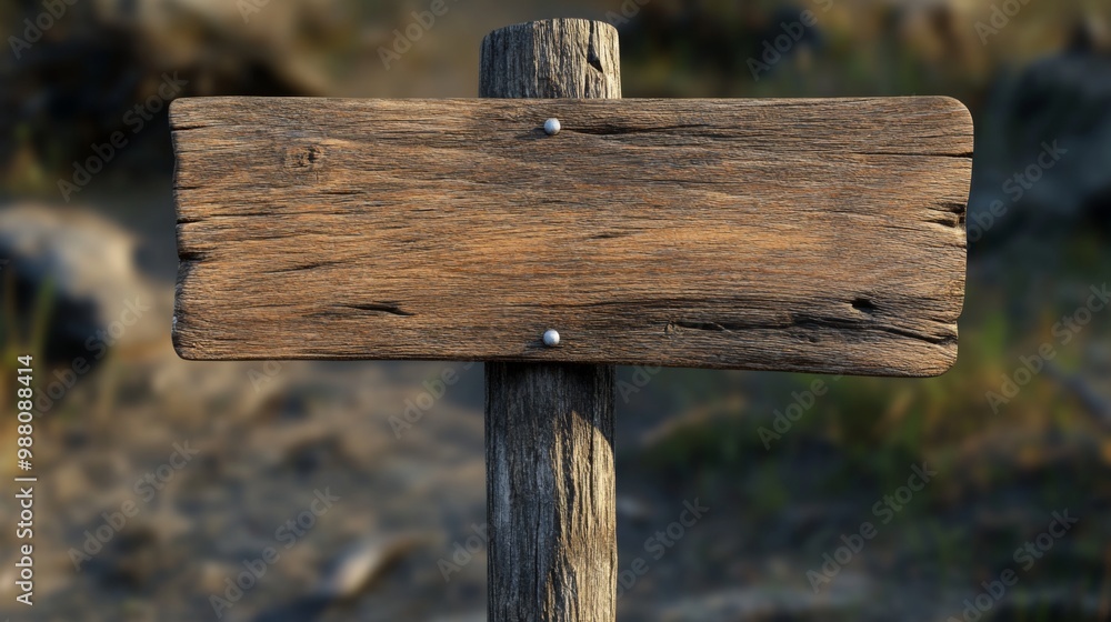 A weathered wooden sign with a rustic, aged look, mounted on a wooden post against a blurred natural background.