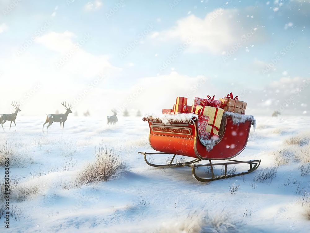 Festive red sleigh filled with presents in a snowy winter landscape with reindeer in the background. Festive red sleigh filled with presents in a snowy winter landscape with reindeer in the background.
