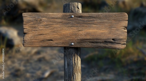 Obraz na płótnie A weathered wooden sign with a rustic, aged look, mounted on a wooden post against a blurred natural background. w salonie