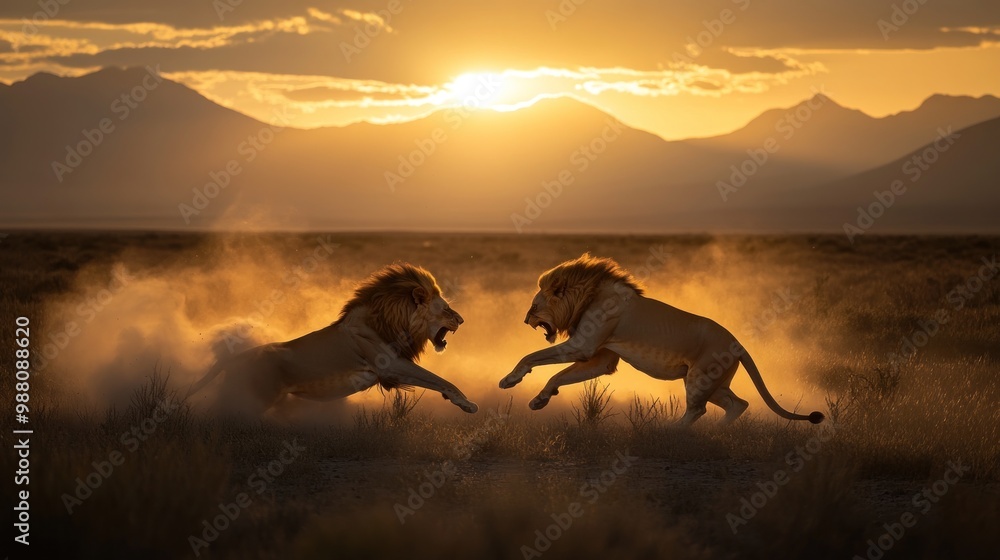 Two lions engage in a dramatic confrontation against a sunset backdrop. Two lions engage in a dramatic confrontation against a sunset backdrop.